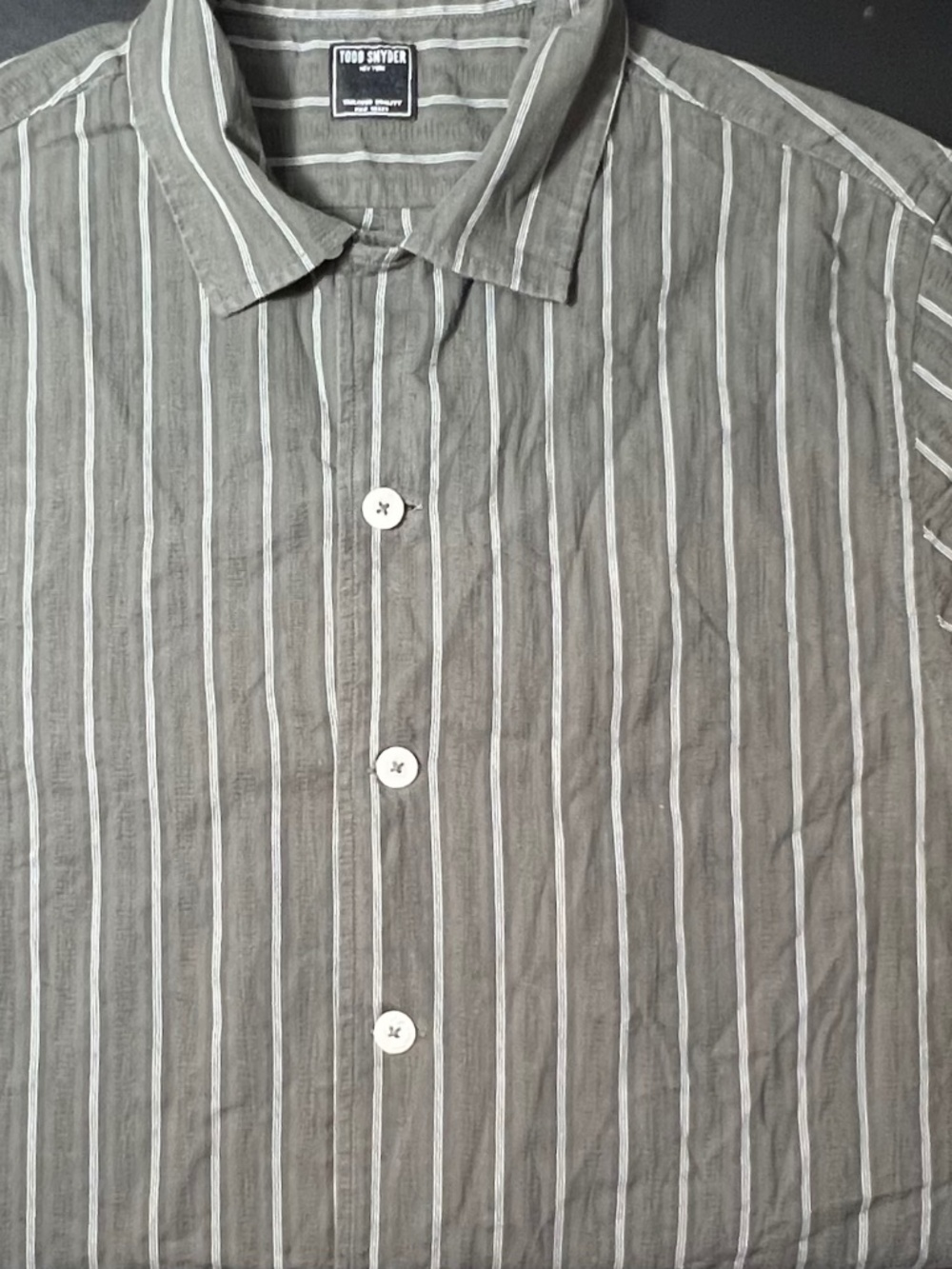 Todd Snyder Grey Vertical Stripe Short Sleeve Camp Collar Shirt Pockets Men's M